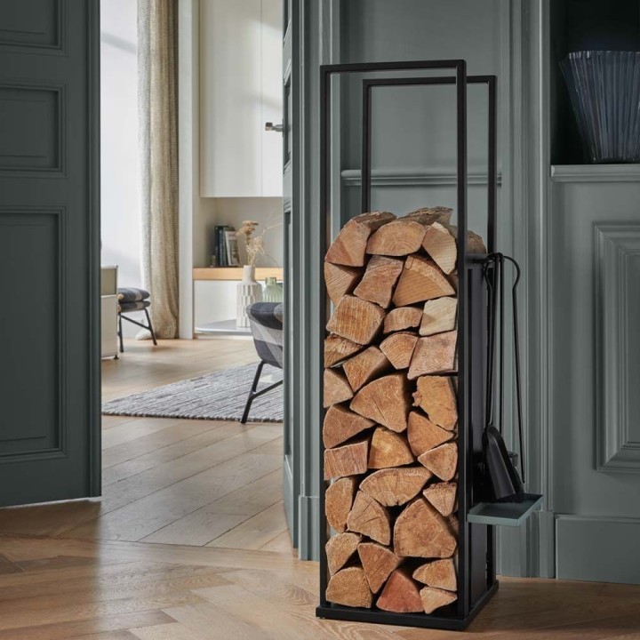 Dixneuf Duo Kaminholzregal und Kaminbesteck Twin Schwarz mattiert mit Auffangschale