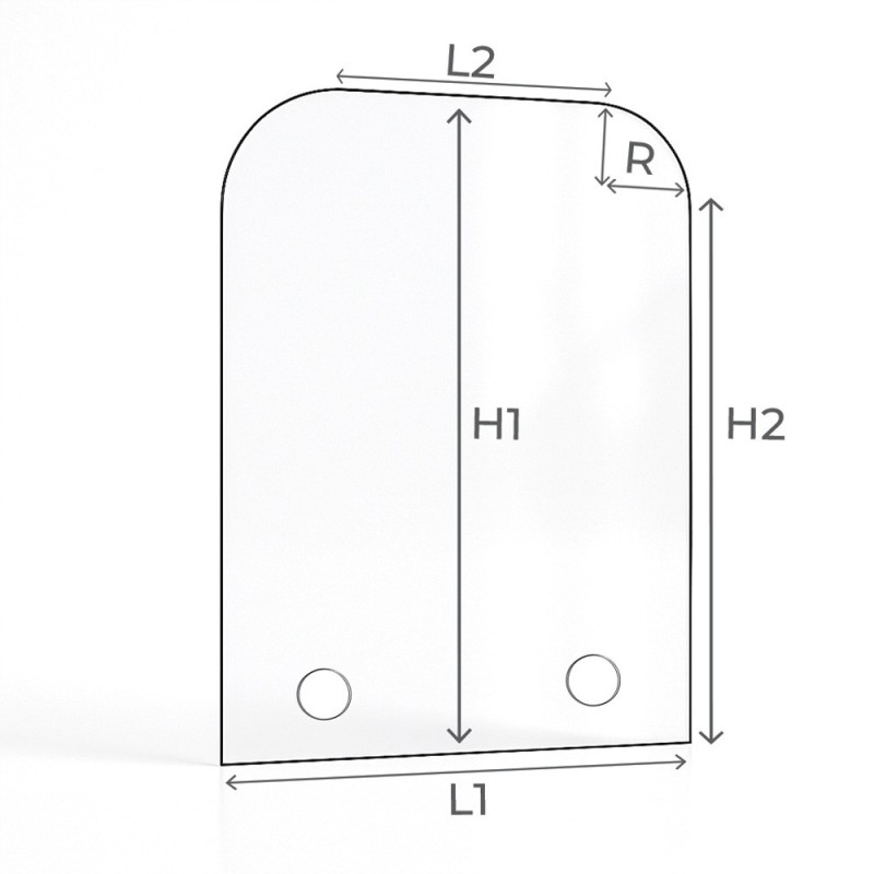 Vitre percée sur mesure forme 2 angles arrondis schéma Vitre percée sur mesure forme 2 angles arrondis schéma