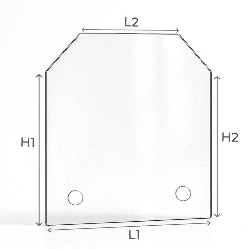 Cristal para chimenea eléctrica - Vidrio plano con 2 ángulos cortados con taladros - Capska Cristal para chimenea eléctrica - Vidrio plano con 2 ángulos cortados con taladros - Capska